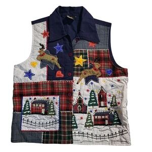 Reversible Christmas Vest Quilted Patchwork Holiday Reindeer Stars Size M